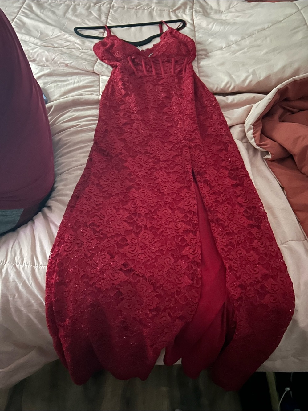 Red Lace Prom Dress with Spaghetti Straps